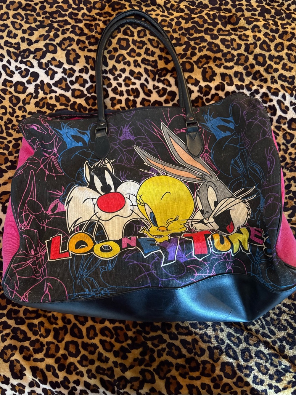 Warner Bros. Black and Pink Looney Tunes Tote with Colorful Character Art